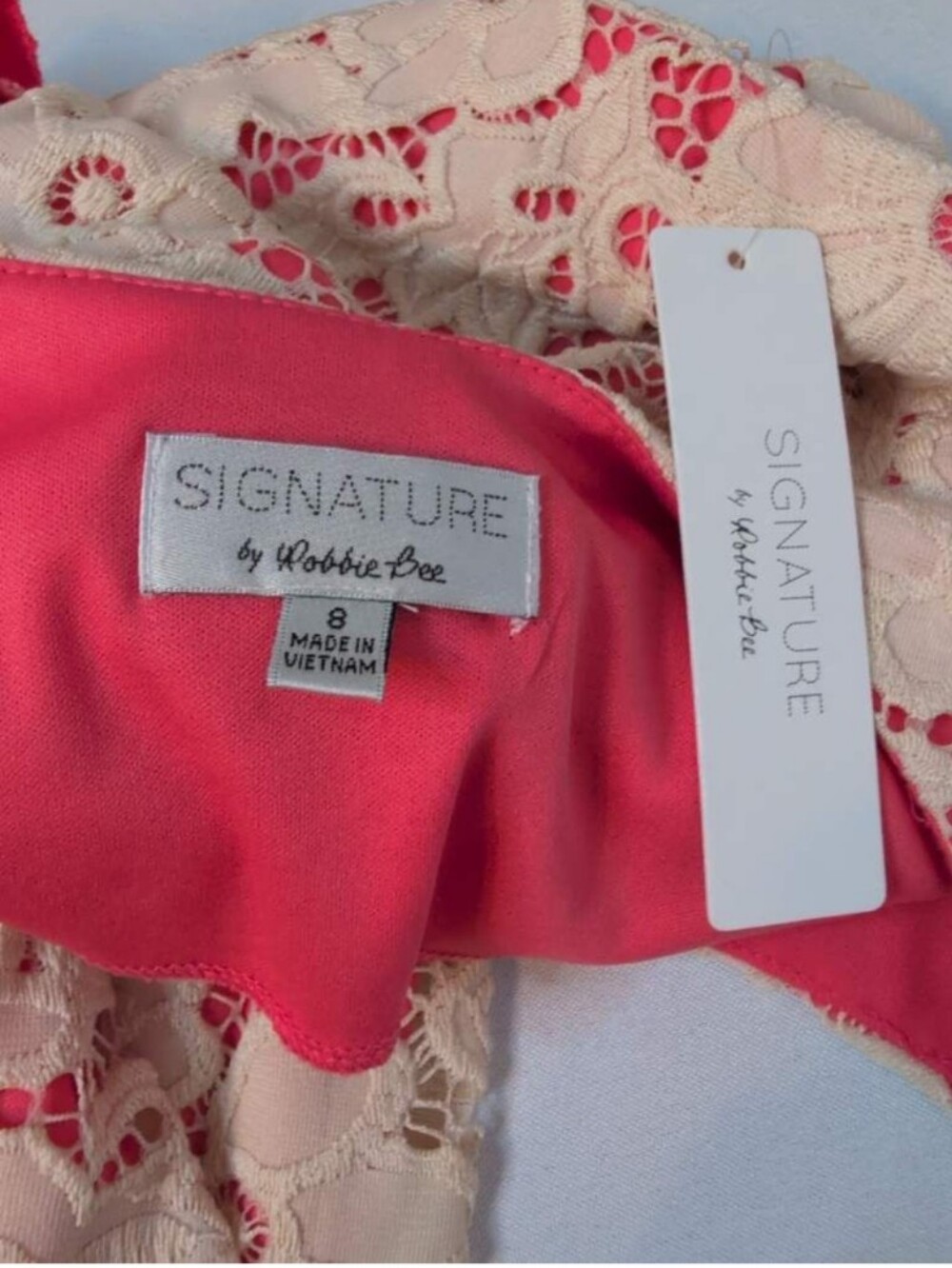Signature By Robbie Bee Lace Overlay Sleeveless Dress Ivory Coral Pink Size 8 - Picture 3 of 6